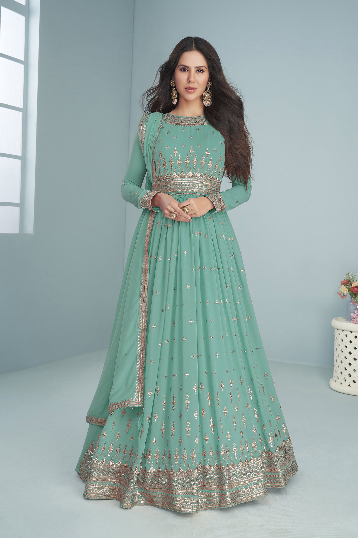 Sea Green Sequins embroidered Georgette Surya Anarkali