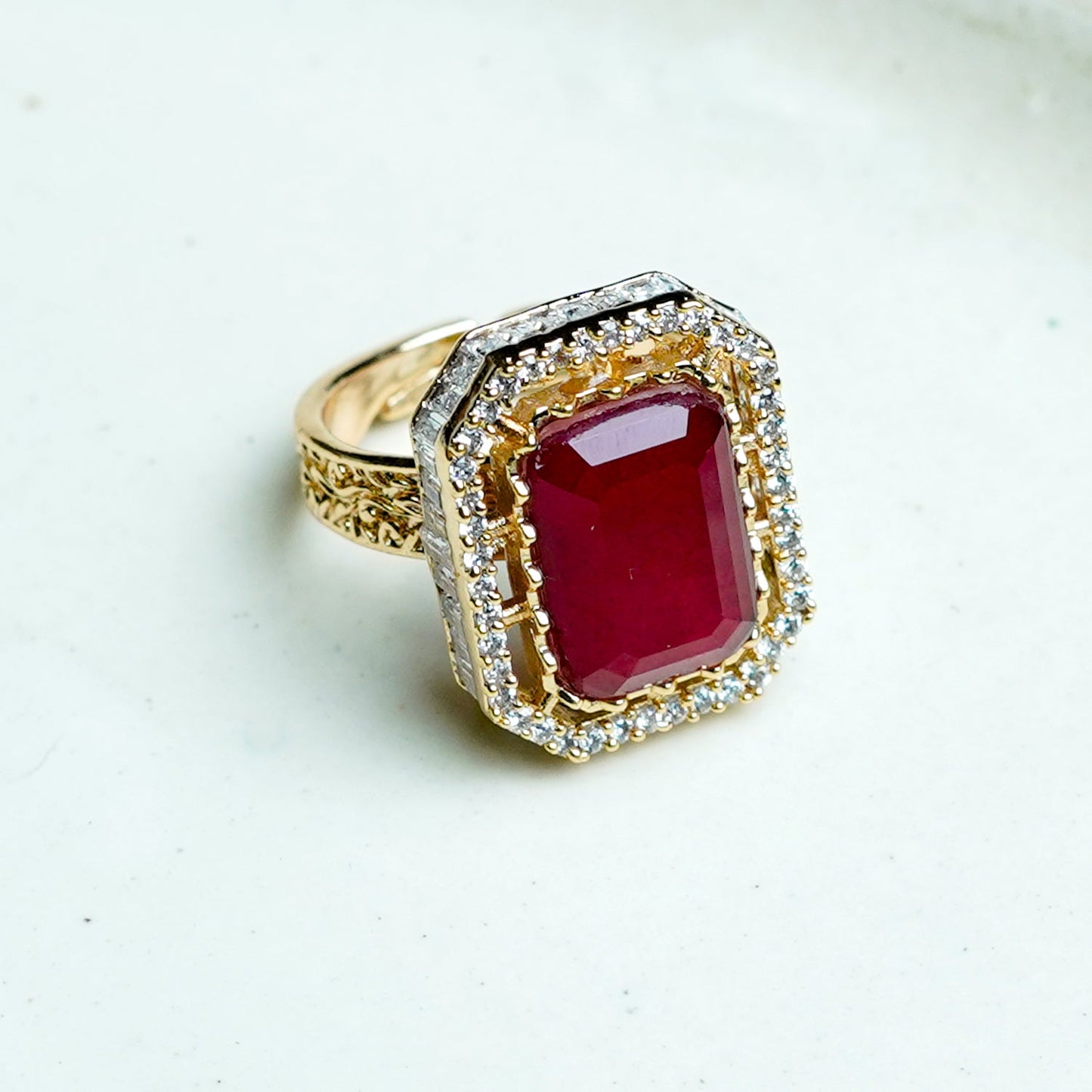 Zevar Club Gold-Toned Ruby Pink & Cubic Zirconia Studded Royal Statement Adjustable Ring