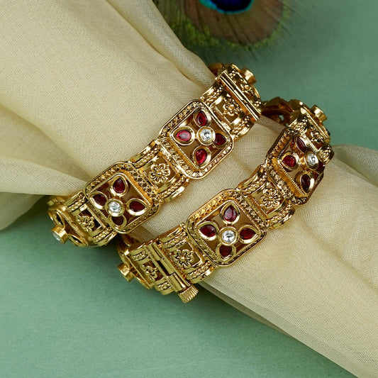 Zevar Club Set of 2 22K Gold-Plated Handcrafted Rajwadi Bangles with Ruby Red Stones & White Accents for Women