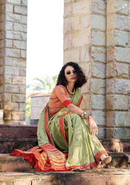Pista Green Redbull  Pure Handloom Katan Saree