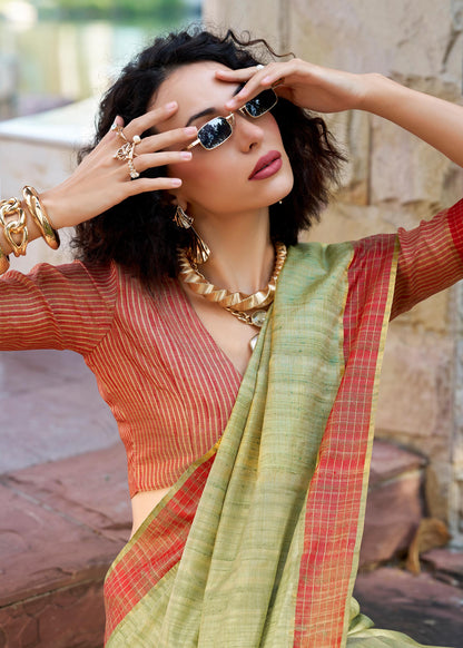 Pista Green Redbull  Pure Handloom Katan Saree