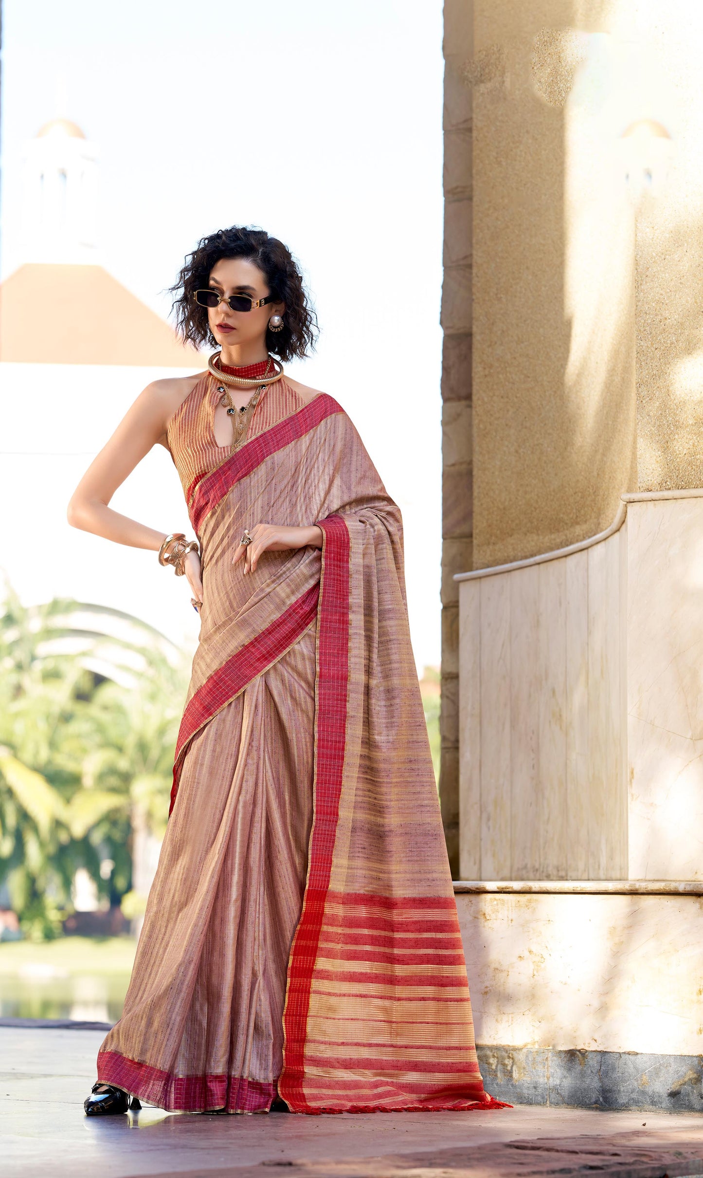 Beige Redbull  Pure Handloom Katan Saree