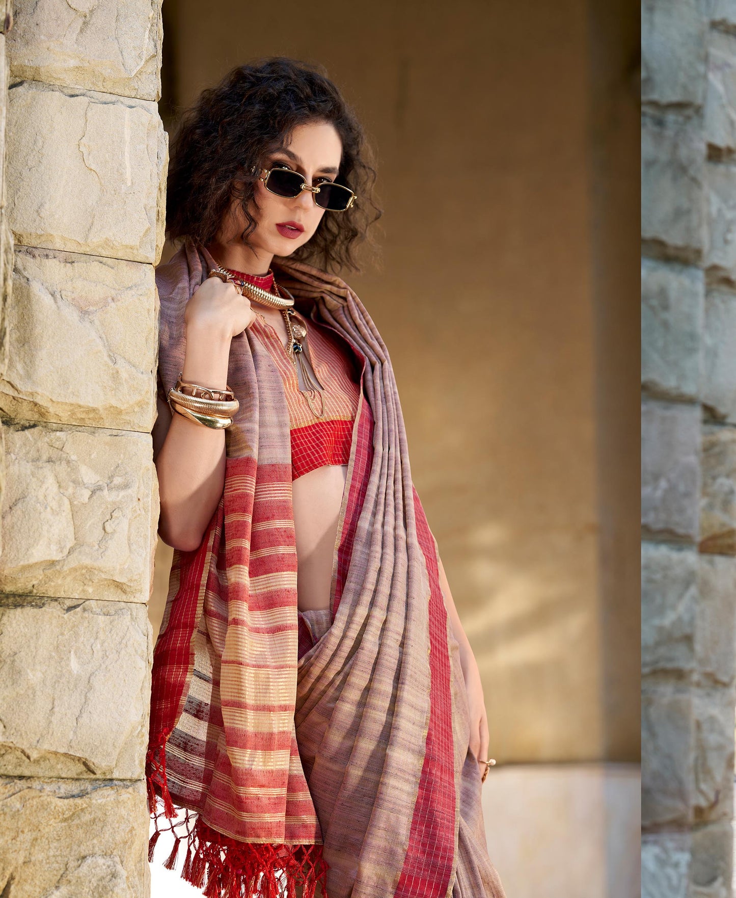 Beige Redbull  Pure Handloom Katan Saree