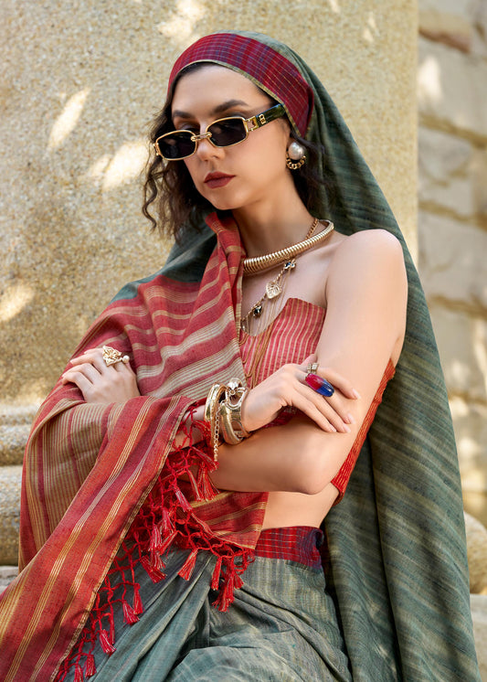 Greyish Redbull Pure Handloom Katan Saree