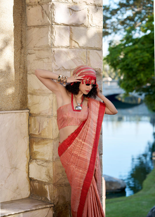 Light Peach Redbull Pure Handloom Katan Saree