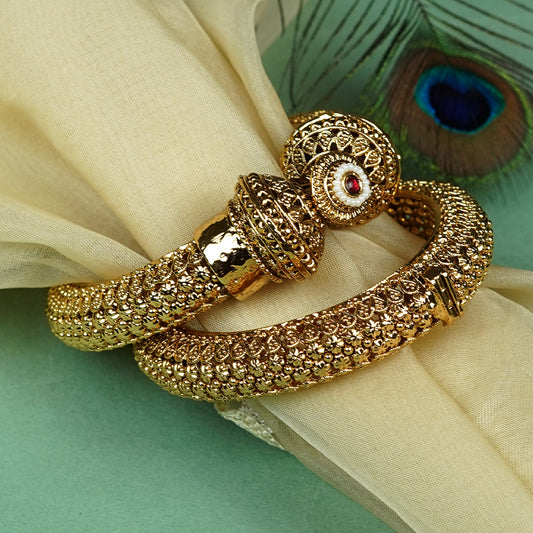 Zevar Club Set of 2 22K Gold-Plated Handcrafted Openable Rajwadi Bangles with Ruby Pearl & Kundan Stones for Women
