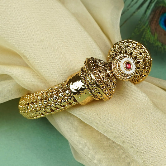 Zevar Club 18K Gold Plated Handcrafted Rajwadi Kada Bangle with Dome Motif Ruby Red & White Stone Detailing