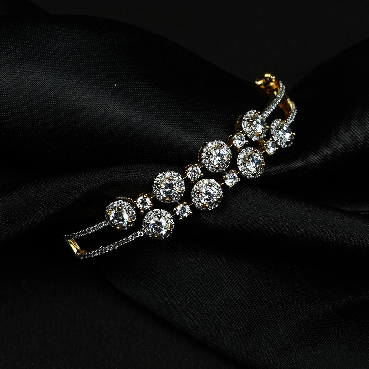 Zevar Club 22K Gold-Plated Handcrafted Floral Halo AAA Cubic Zirconia Studded Open-Top Statement Bracelet