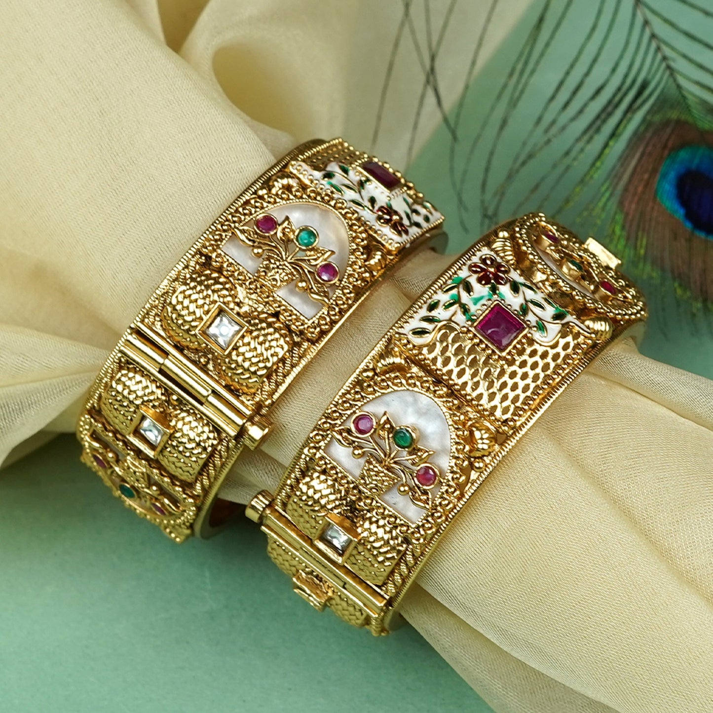 Zevar Club Set of 2 22K Gold-Plated Handcrafted Rajwadi Bangles with Ruby Pink & Emerald Green Kundan Studded Elephant Motifs