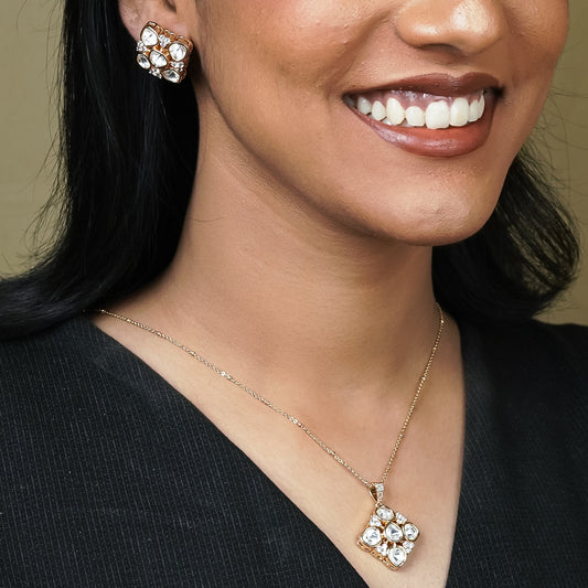 Zevar Club 22K Gold-Plated Floral Motif Kundan Pendant Necklace Set for Women