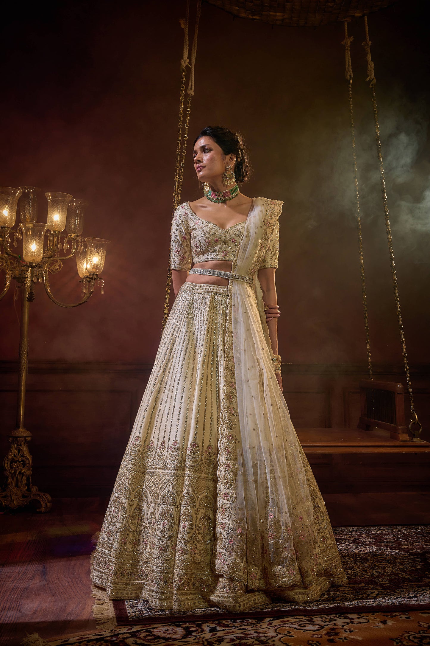 Ivory Raw Silk Hand & Machine Embroidered Lehenga Set