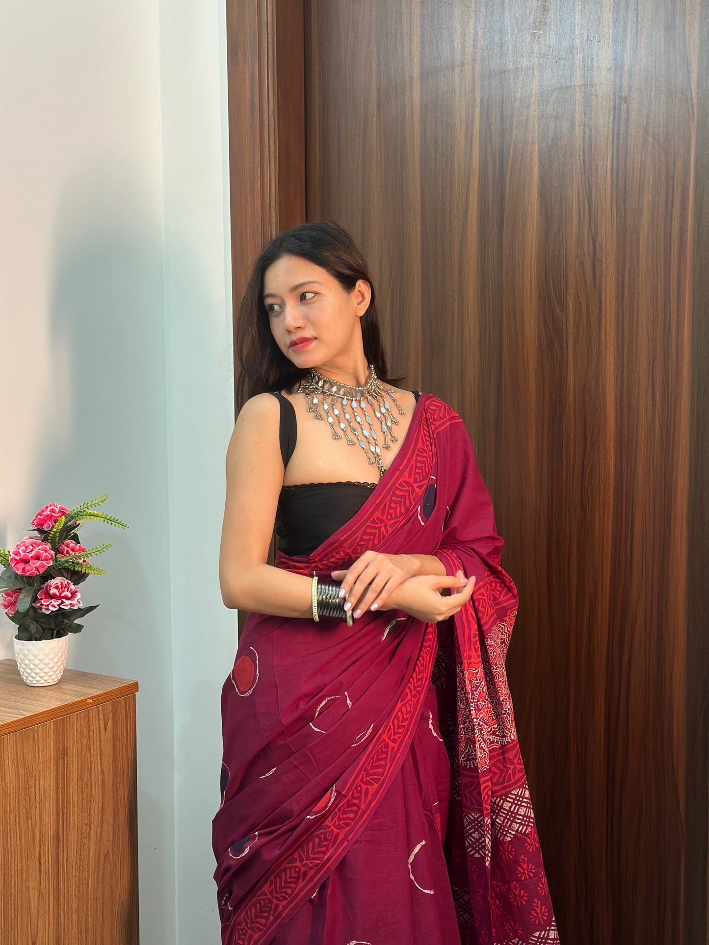 Bubble Pop Maroon &  Purple Handblock Printed Cotton Saree