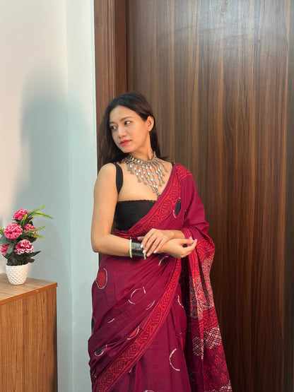 Bubble Pop Maroon &  Purple Handblock Printed Cotton Saree