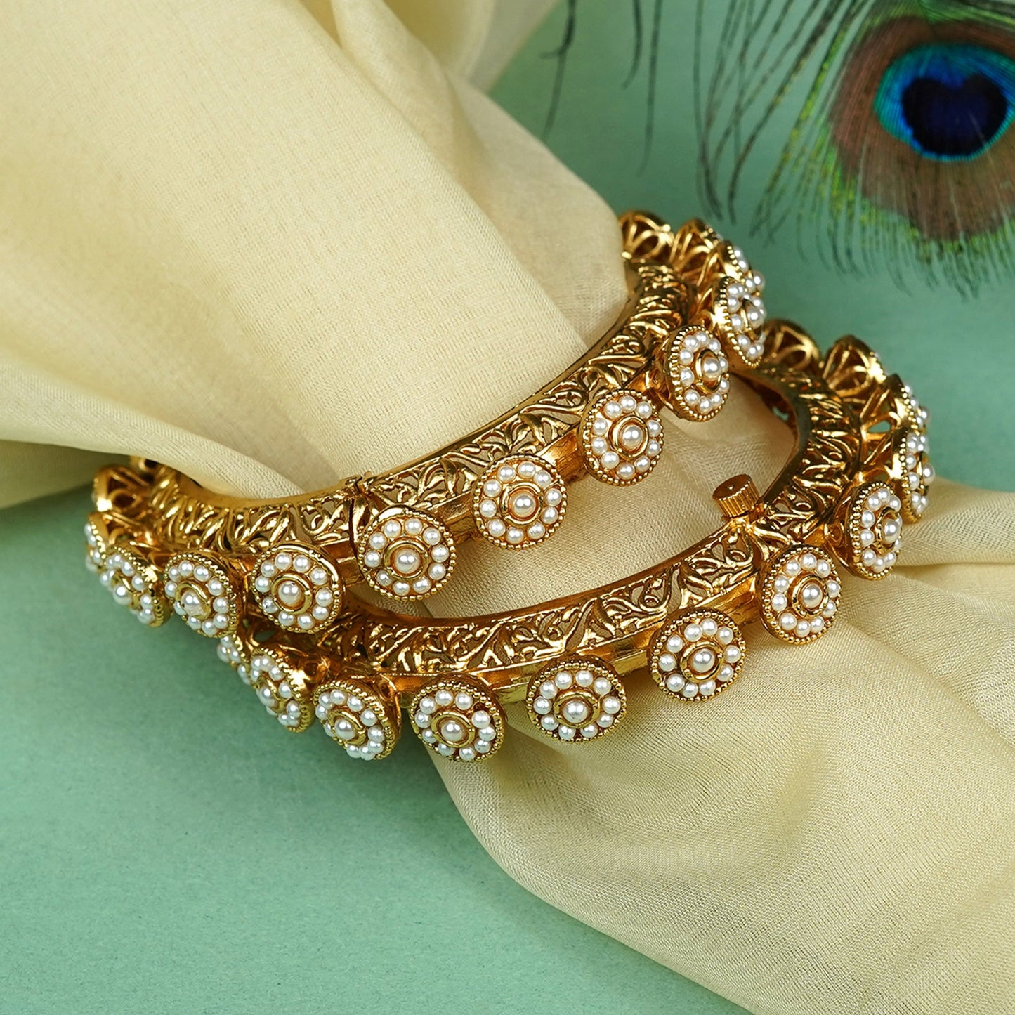 Zevar Club Set of 2 22K Gold-Plated Handcrafted Floral Drop Bangles with White Pearl Accents for Women