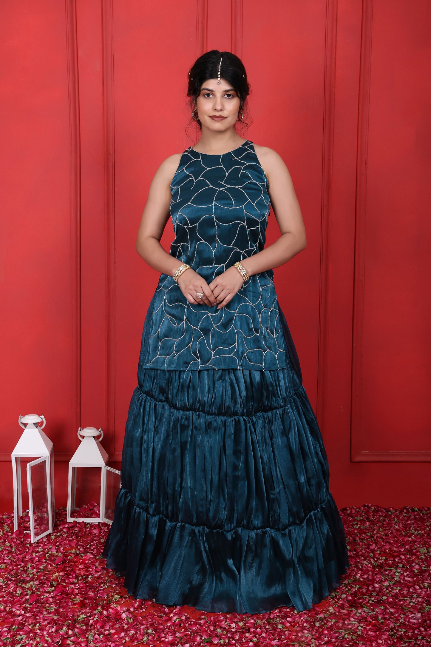 Halter Neck Hand Embroidered Blue Dianne Kurta With Layered Skirt