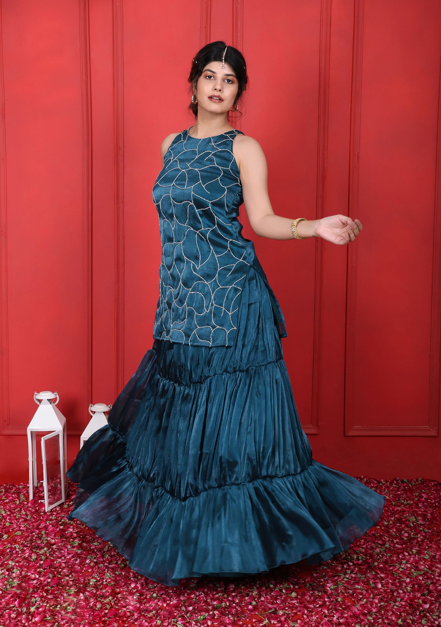 Halter Neck Hand Embroidered Blue Dianne Kurta With Layered Skirt