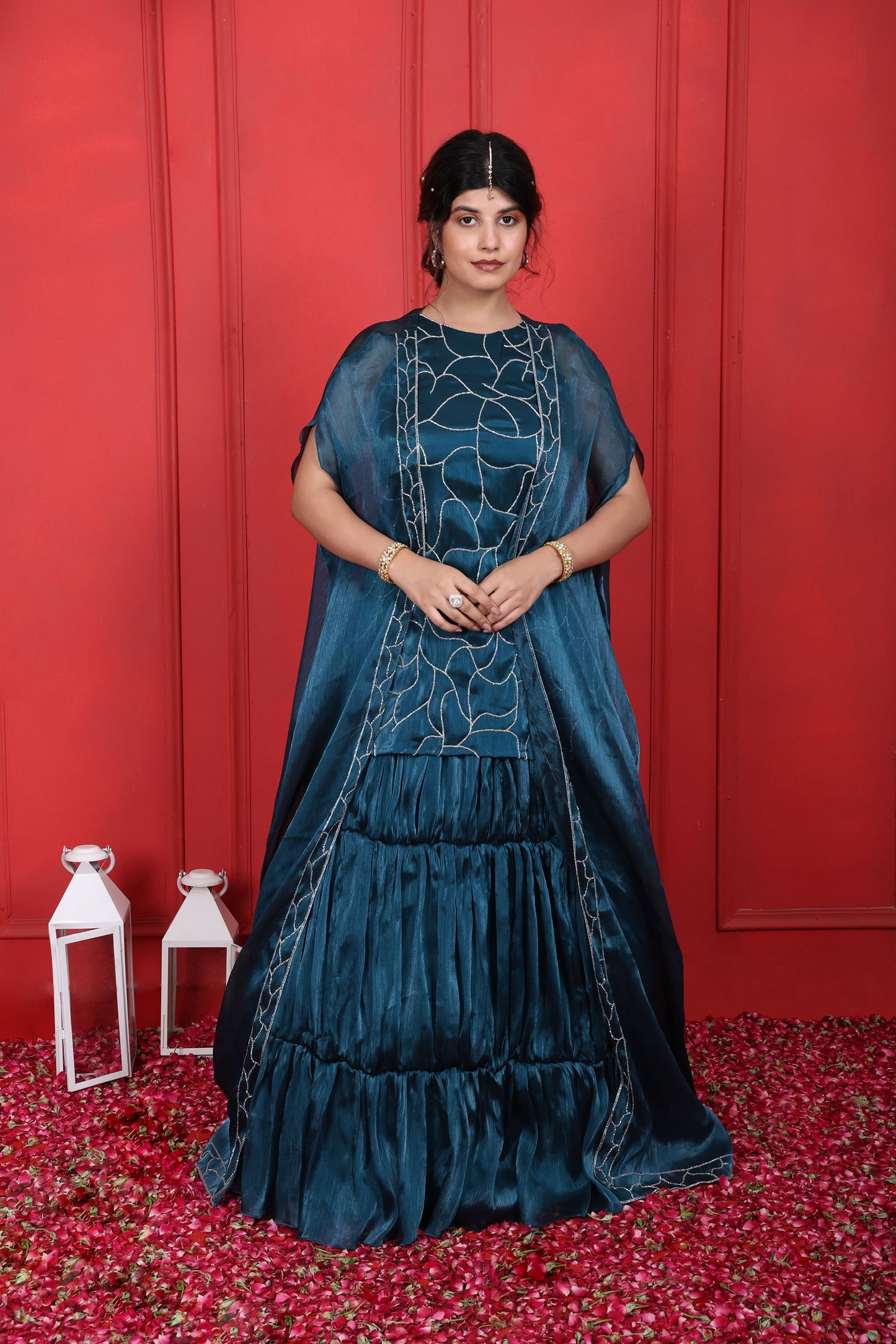 Blue Dianne Hand Embroidered Halter Neck Kurta With Layered Skirt Jacket