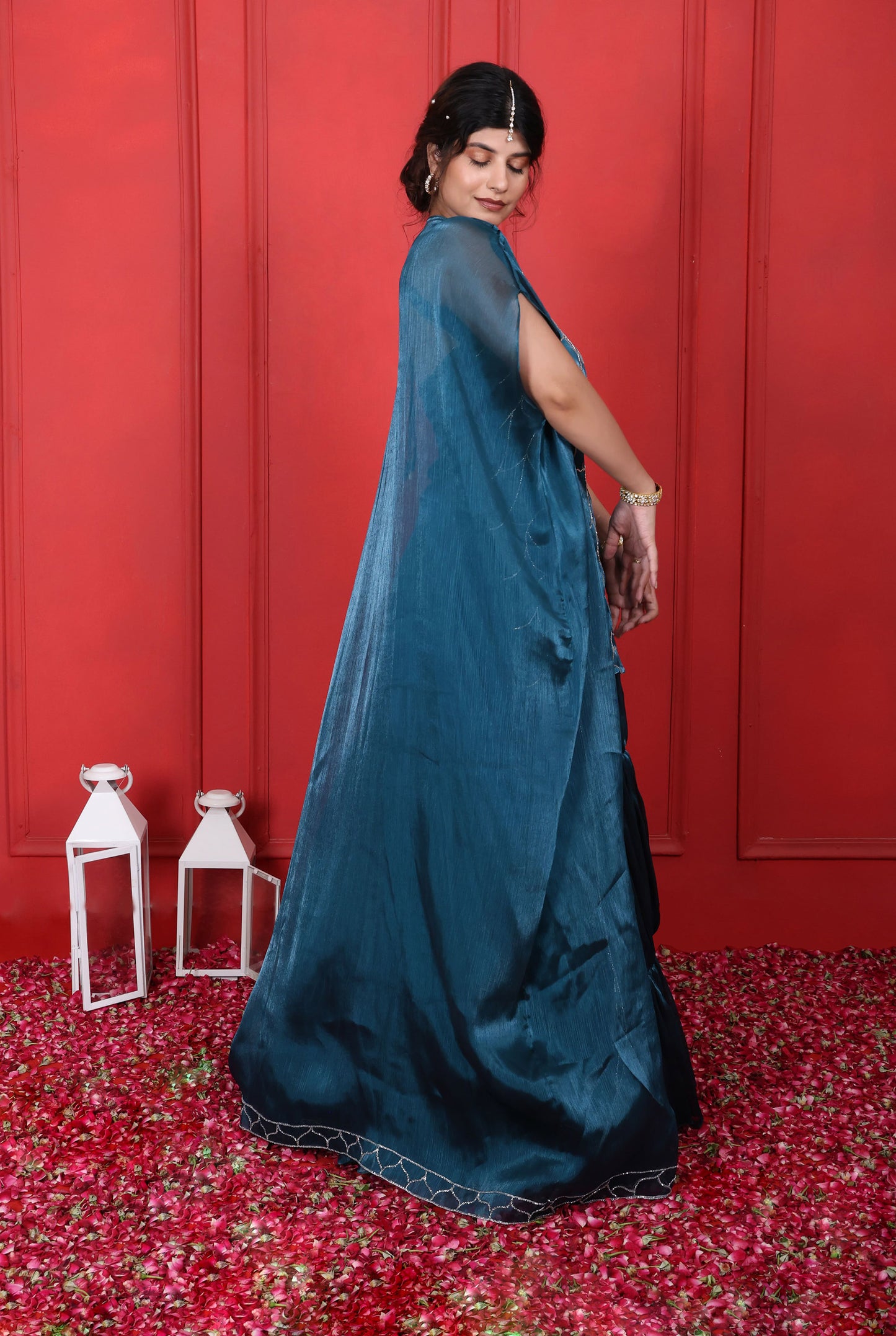 Blue Dianne Hand Embroidered Halter Neck Kurta With Layered Skirt Jacket