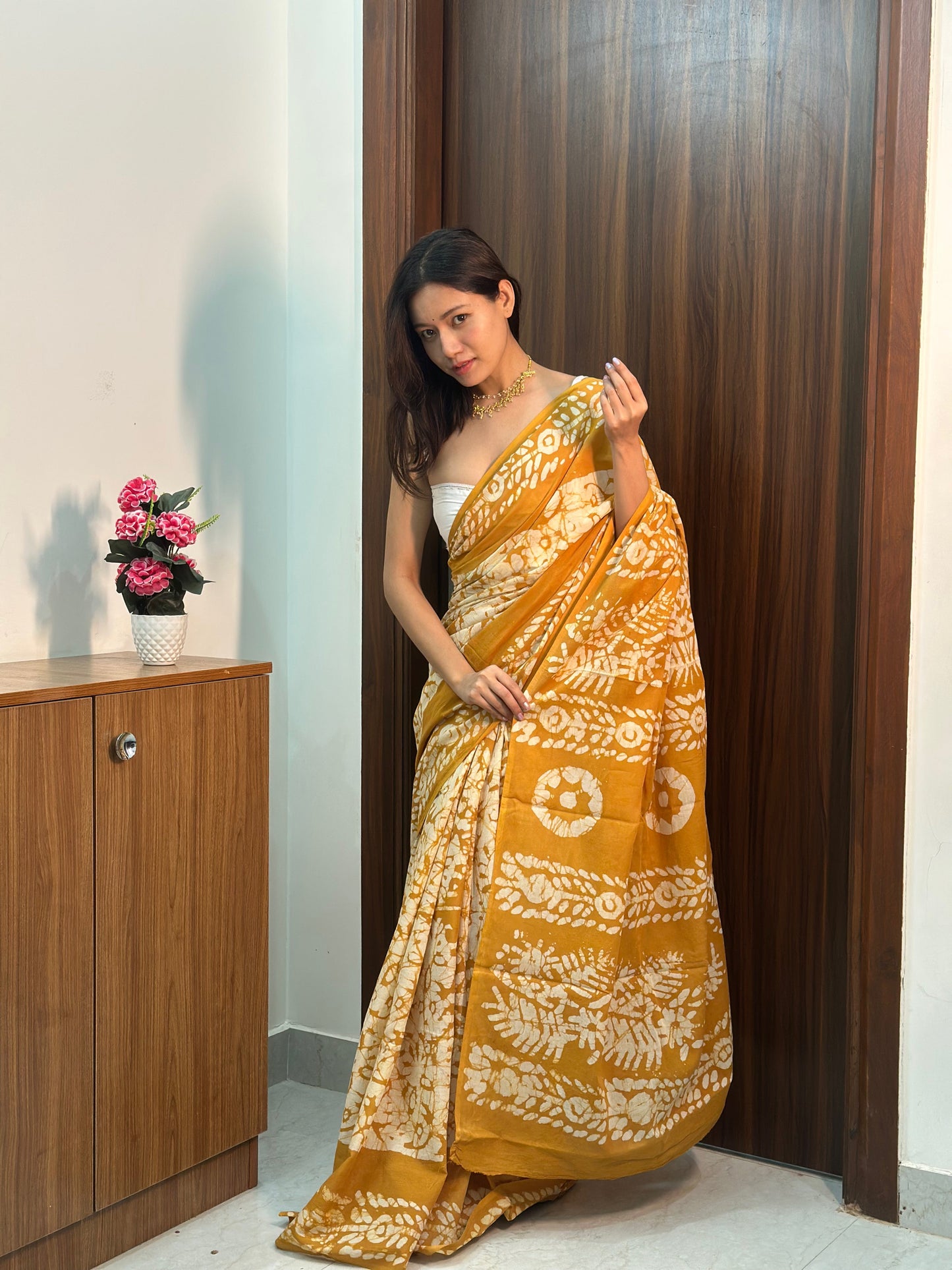 Yellow & Cream Batik Handblock Mulmul Cotton Saree