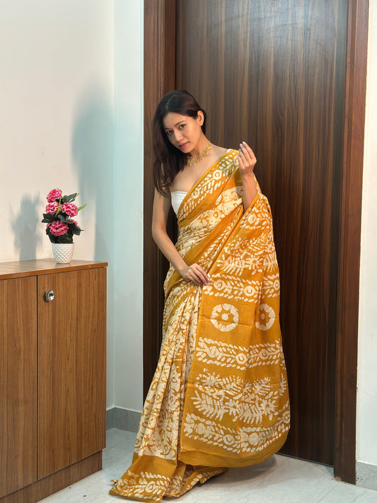 Yellow & Cream Batik Handblock Mulmul Cotton Saree