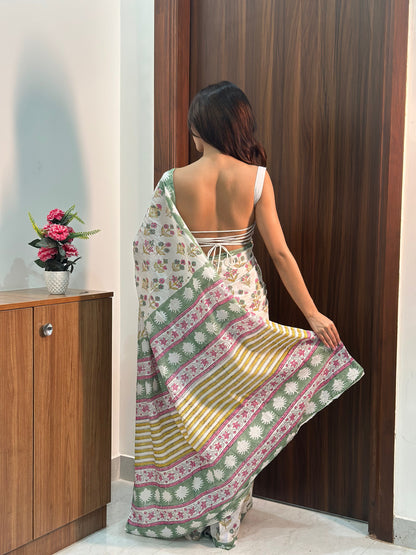 White Floral Handblock Printed Cotton Mulmul Saree