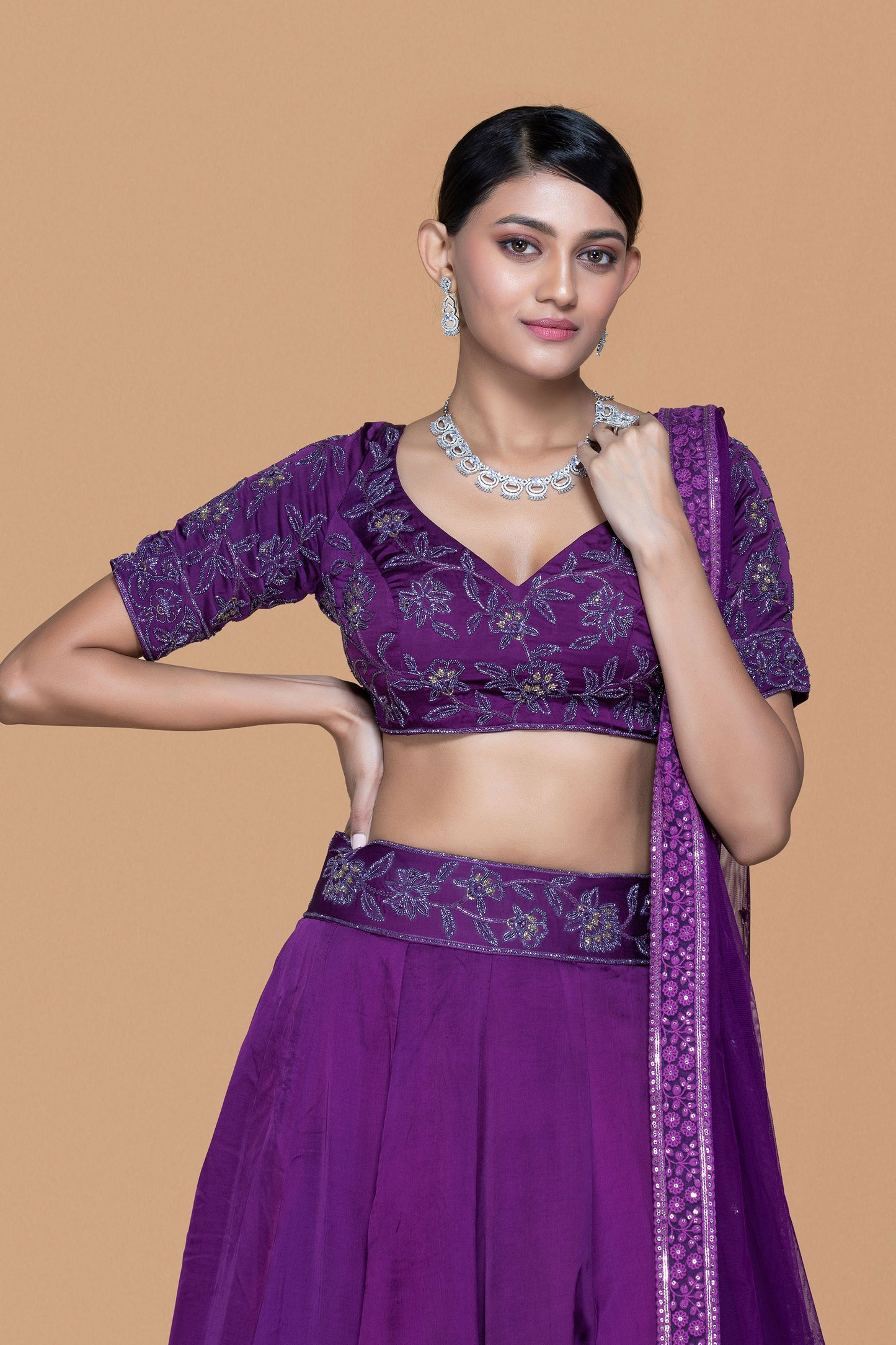 Purple Hand Embroidered Lehenga Set - Nazm