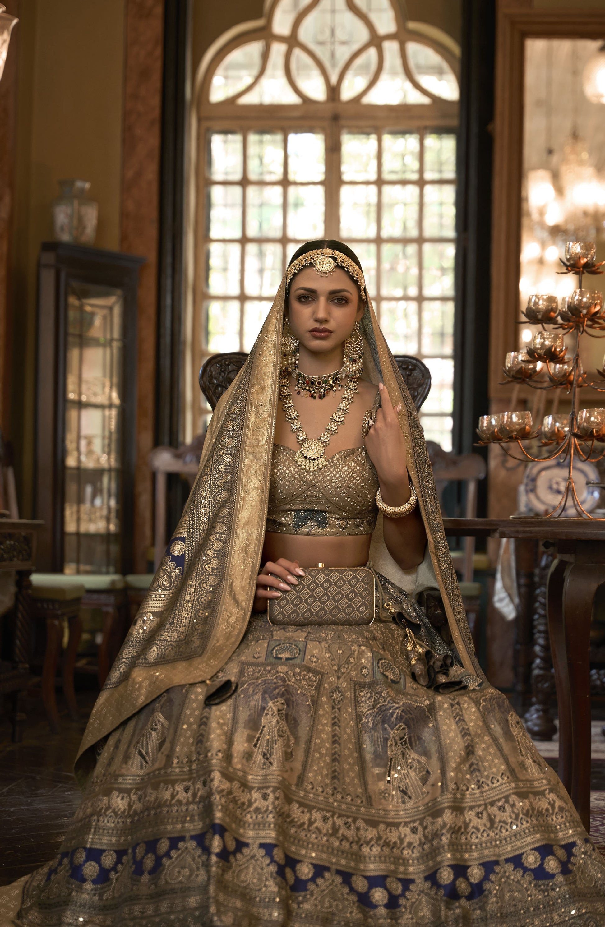 Stunning Beige and Blue Silk Stone Work Bridal Lehenga