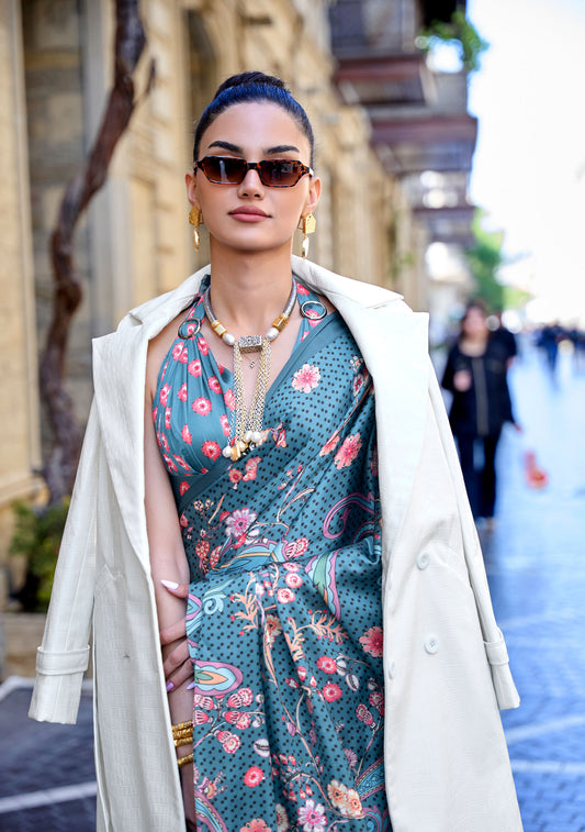 Blue Multi Color Klora Satin Crepe Digital Print Saree