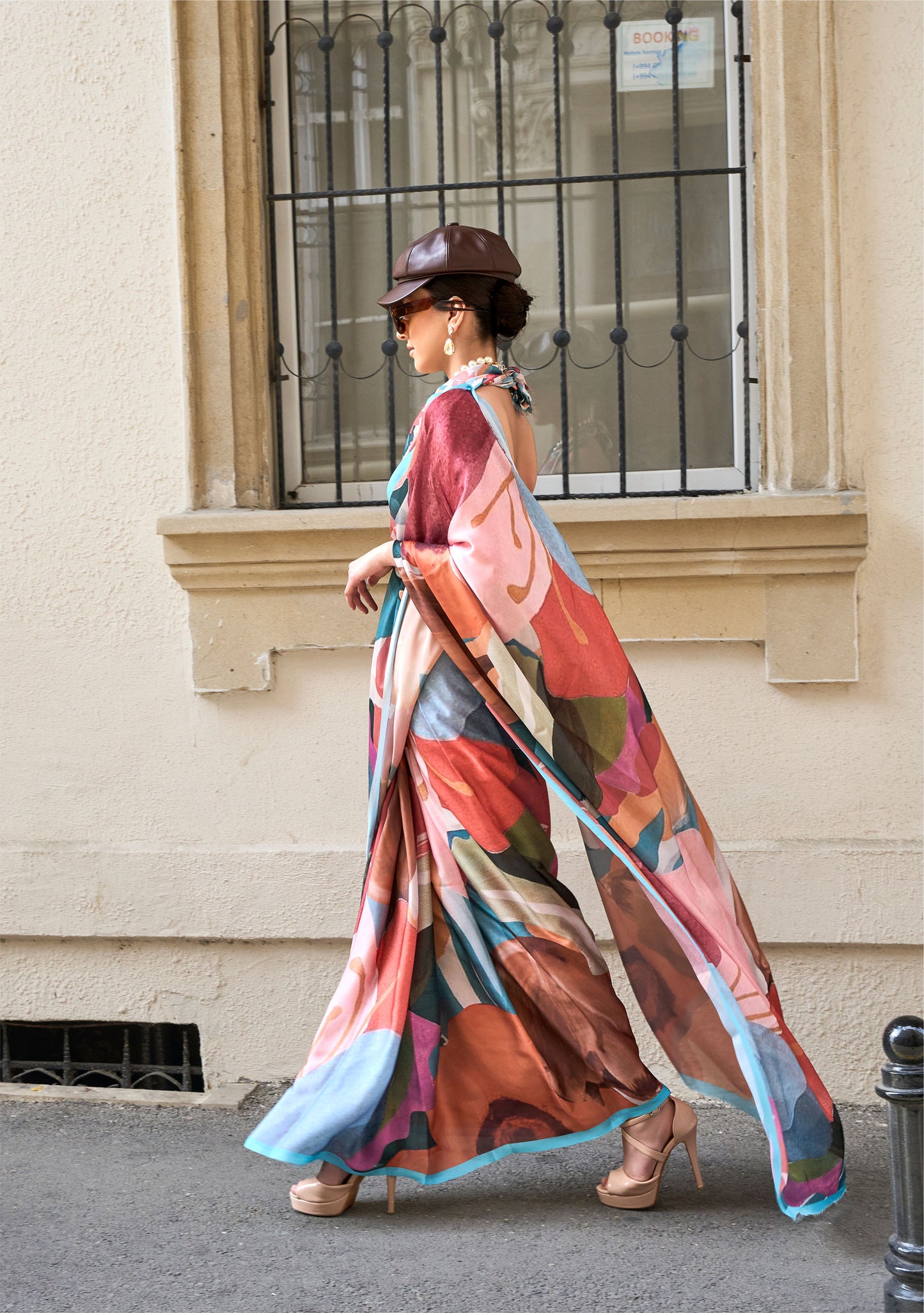 Brown Multi color Abstract Kolombus Satin Georgette Printed Saree