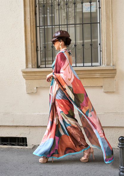 Brown Multi color Abstract Kolombus Satin Georgette Printed Saree