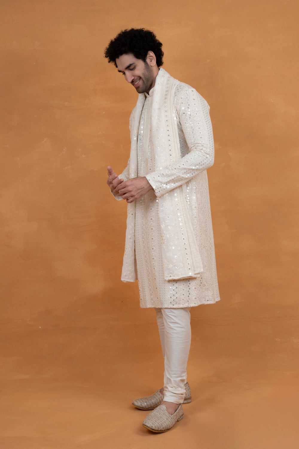 White silk lucknowi silk kurta set with mirror and sequins work