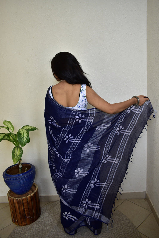 Indigofera Enchatment - Blue Handblock Print Natural Dyed - Linen Cotton Saree