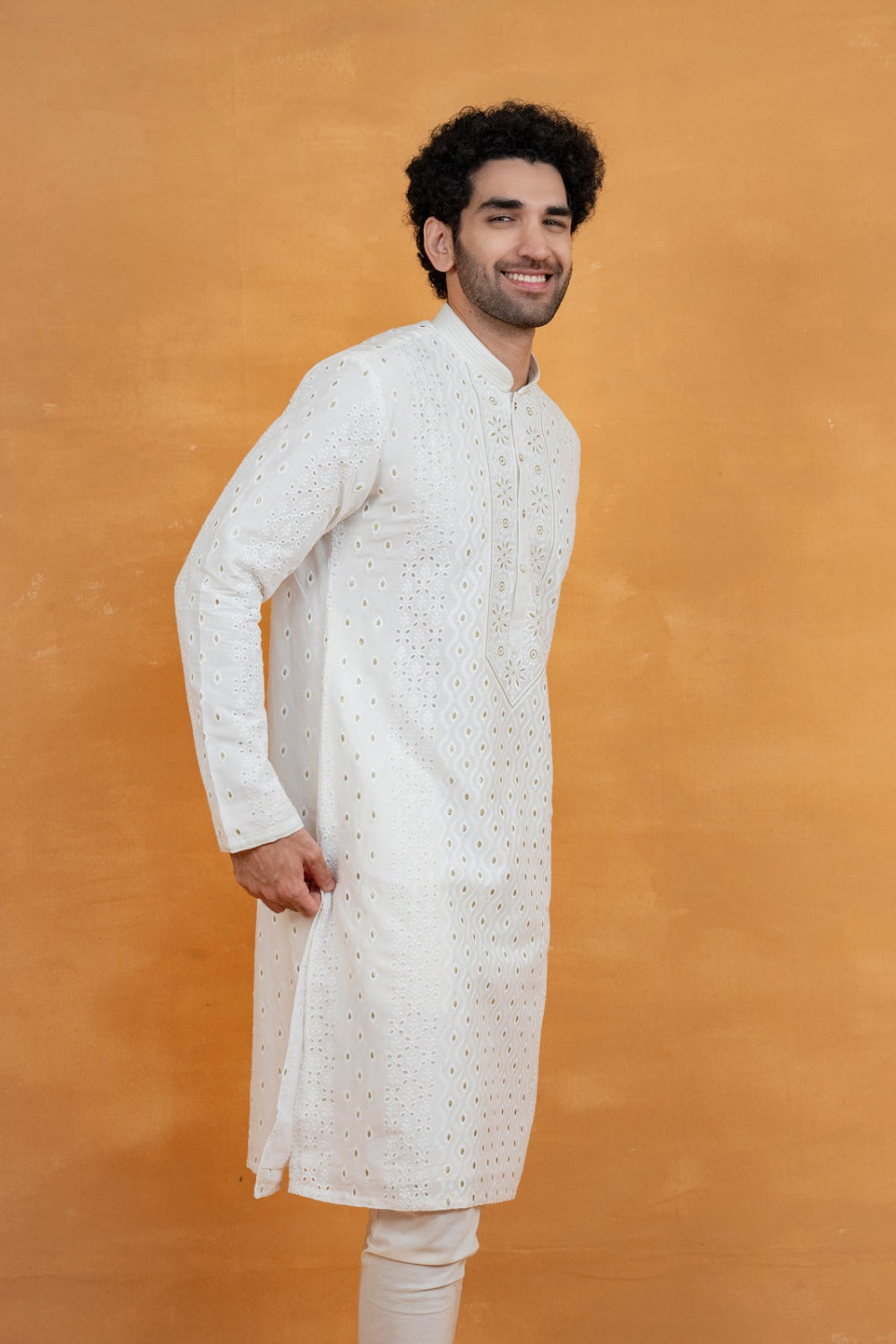 White silk kurta set with golden thread work