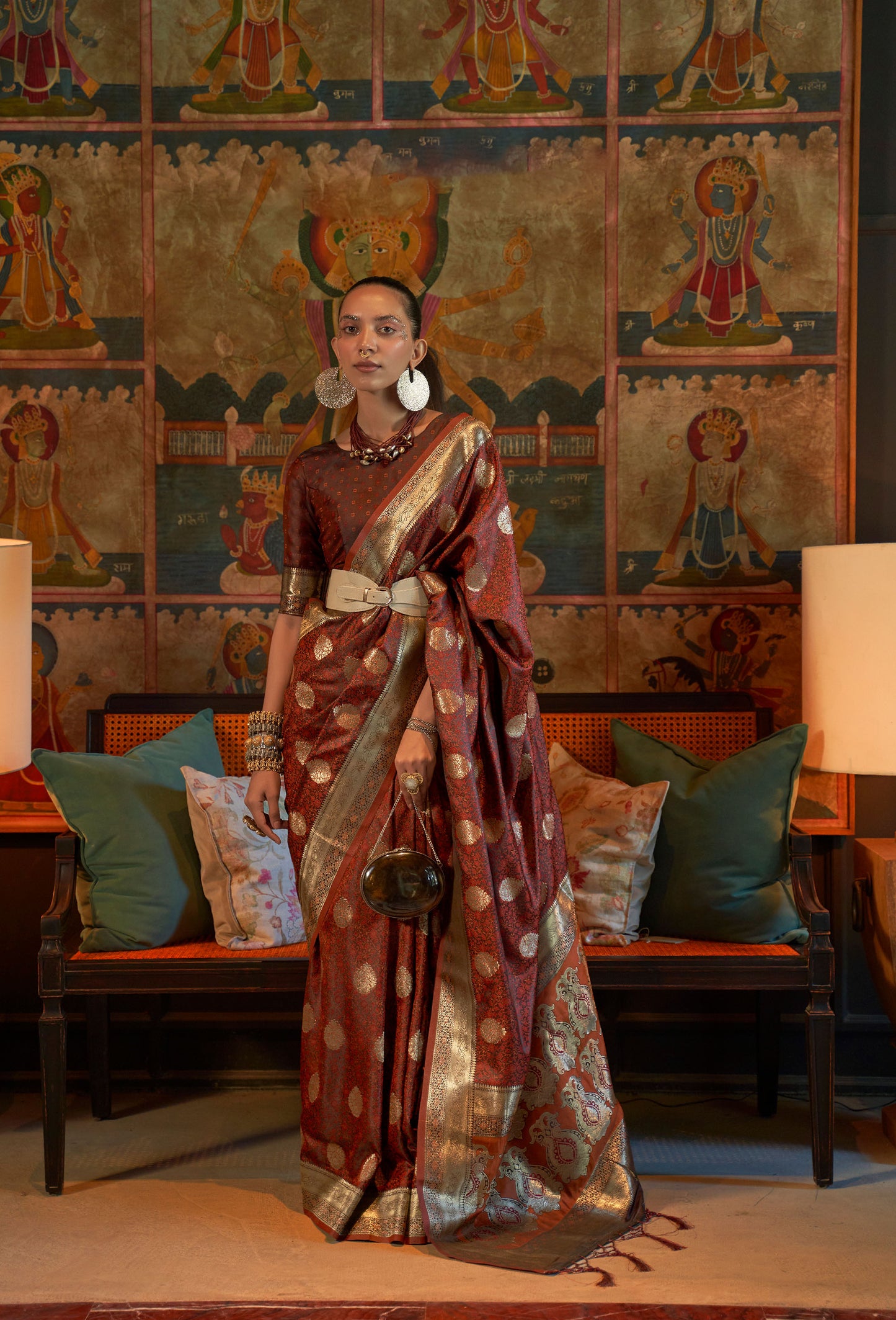 Burgundy Kona Pure Satin Tanchoi Handloom Silk Saree