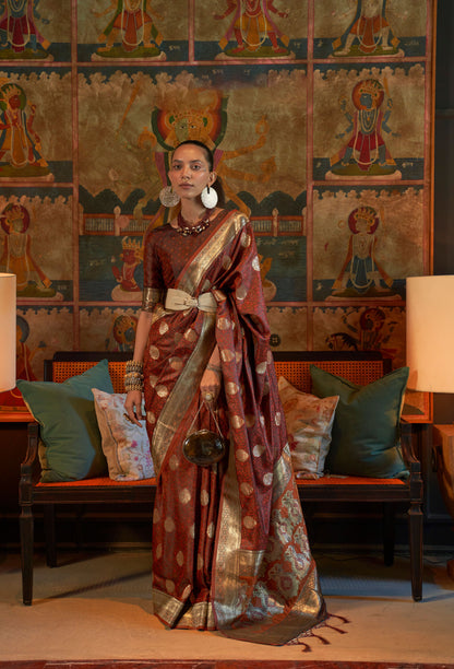 Burgundy Kona Pure Satin Tanchoi Handloom Silk Saree