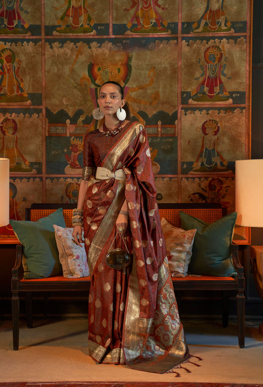 Burgundy Kona Pure Satin Tanchoi Handloom Silk Saree