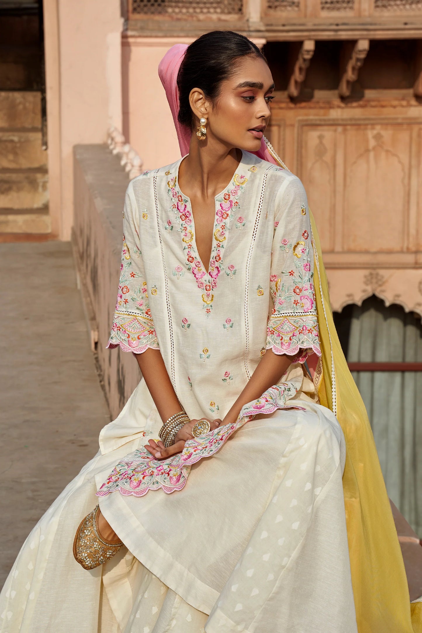 Kaari Natural Linen Kurta with Jacquard Sharara