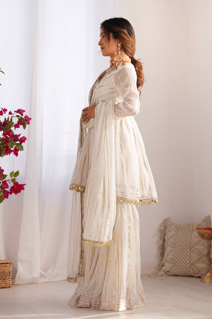 Sajna White Georgette Zari Weaving Festive Sharara Set
