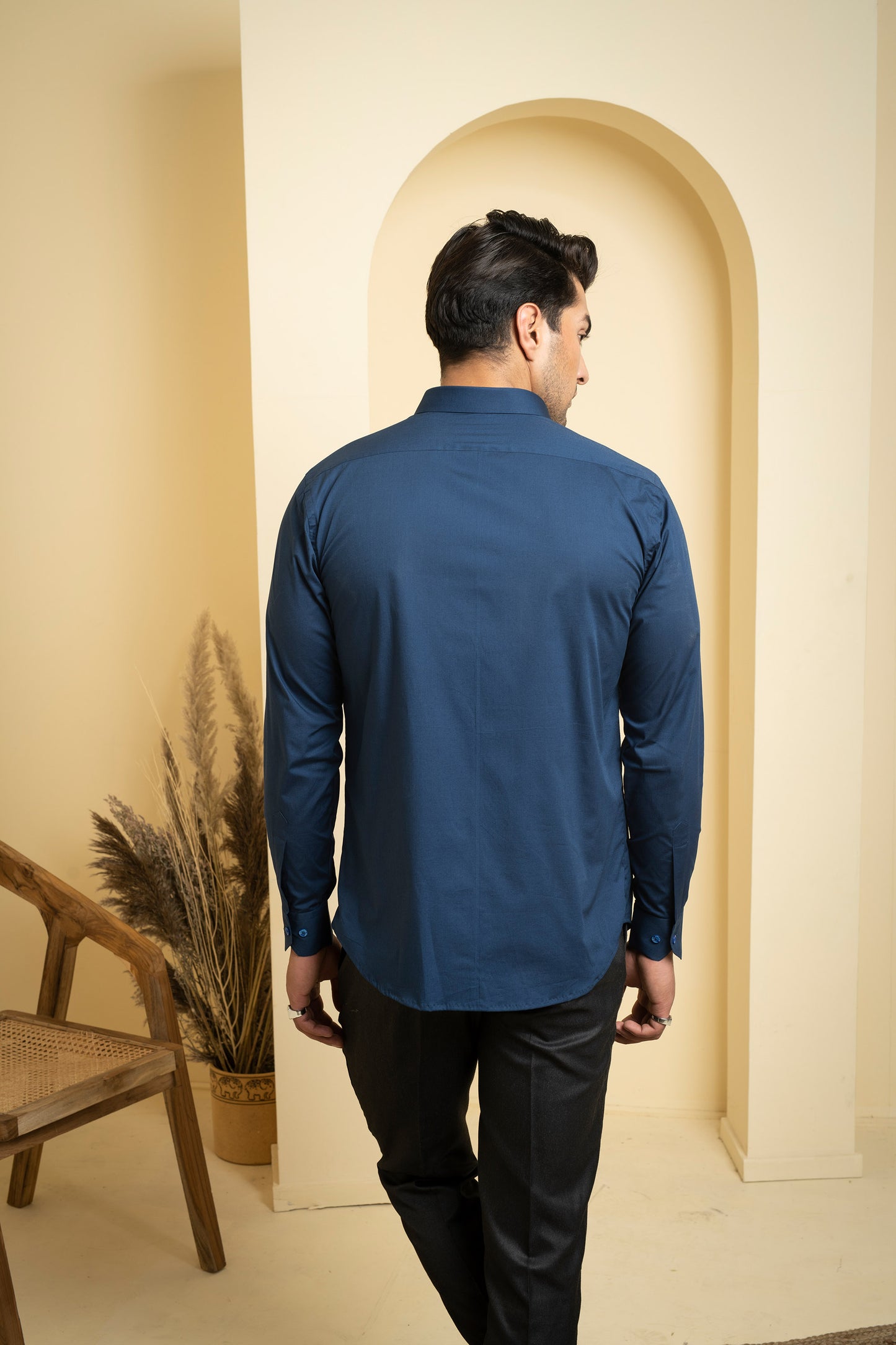 Navy Blue Poplin Lycra Cran Embroidered Festive Shirt
