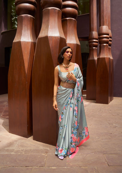 Grey Floral Print Kudos Digital Printed Satin Saree