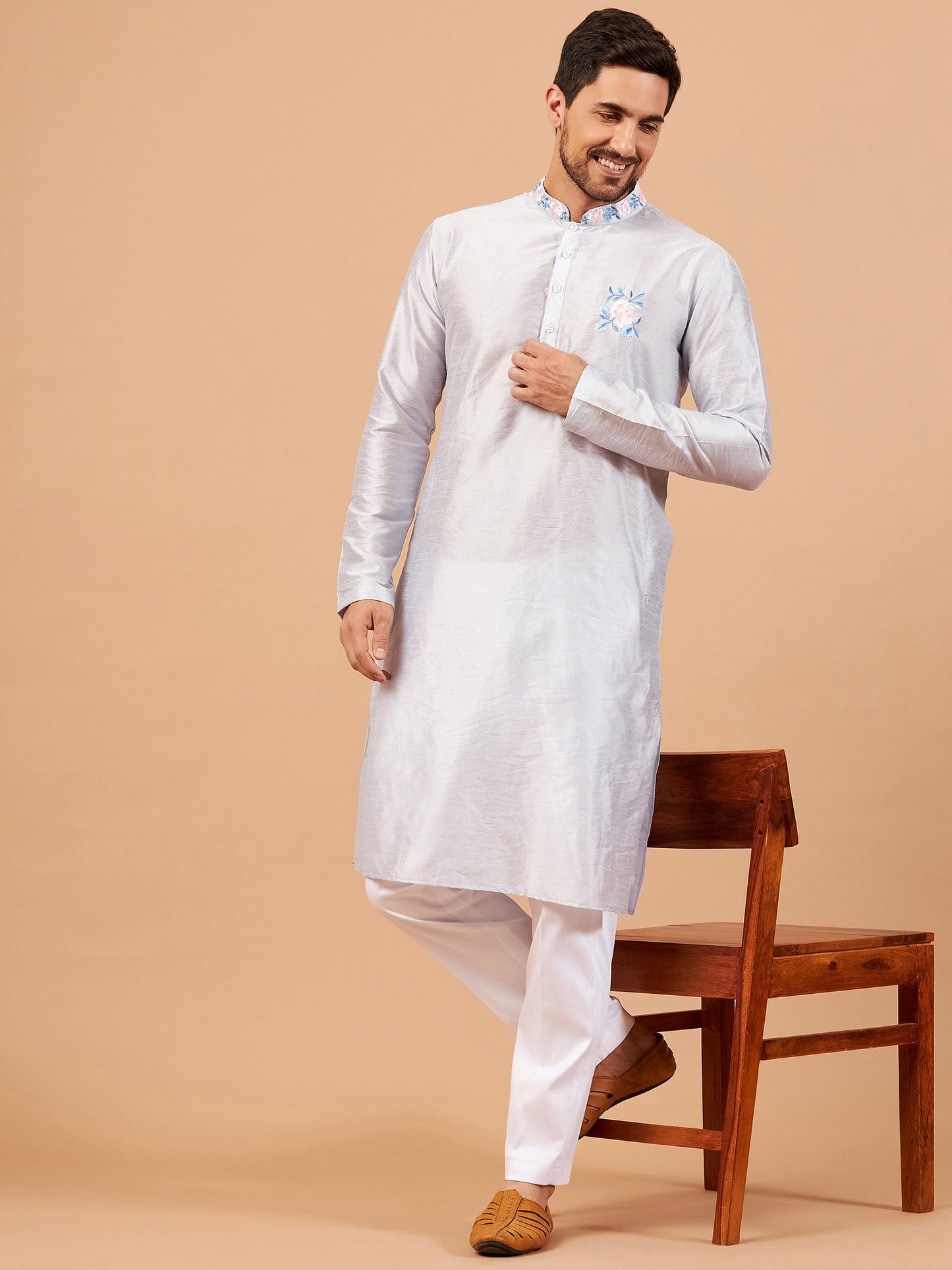 Cadet Grey Semi Raw Silk Thread Embroidered ( only Kurta )