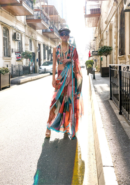 Brown Multi color Abstract Kolombus Satin Georgette Printed Saree