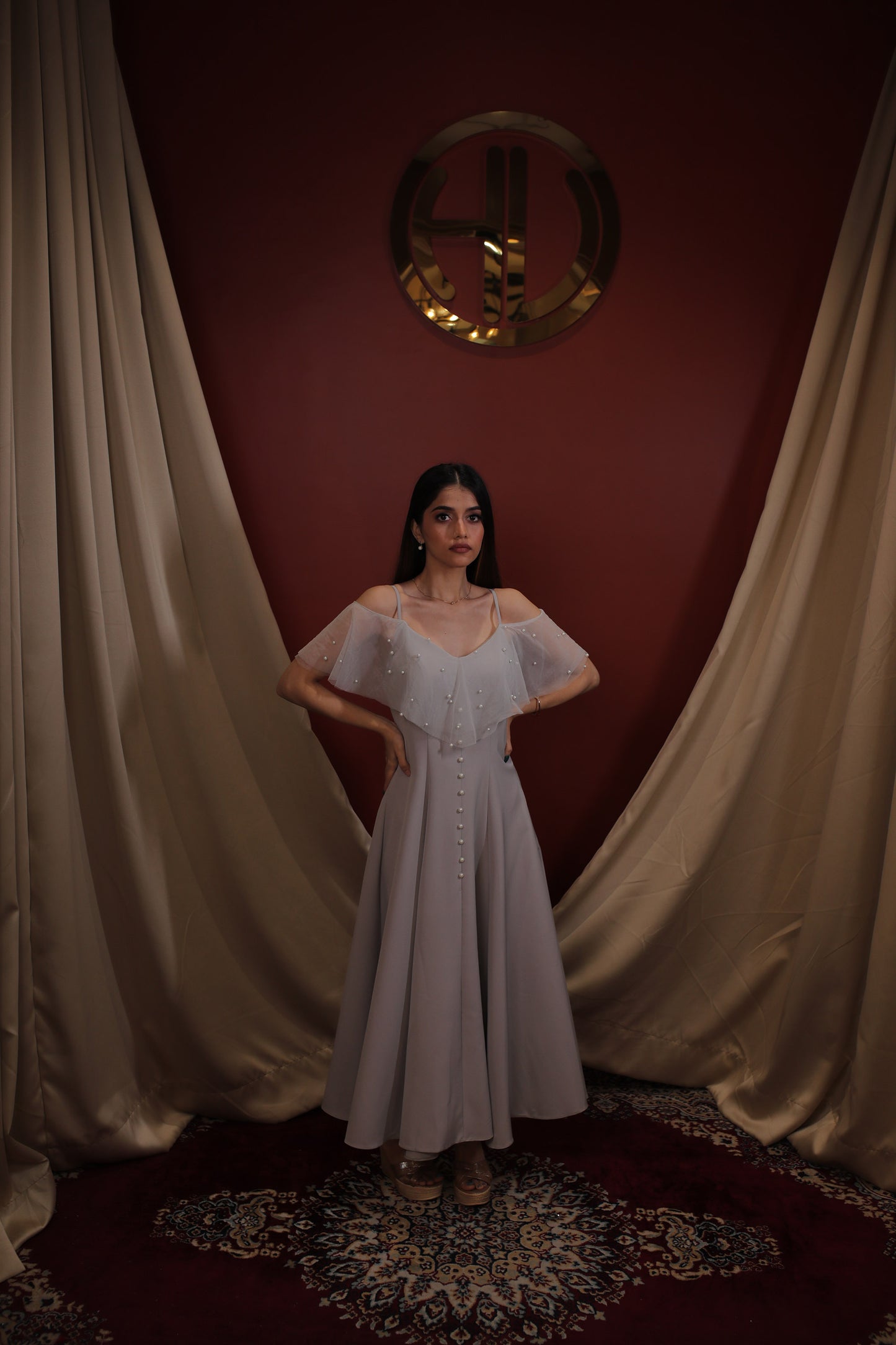 Grey Satin Formal ankle - length dress