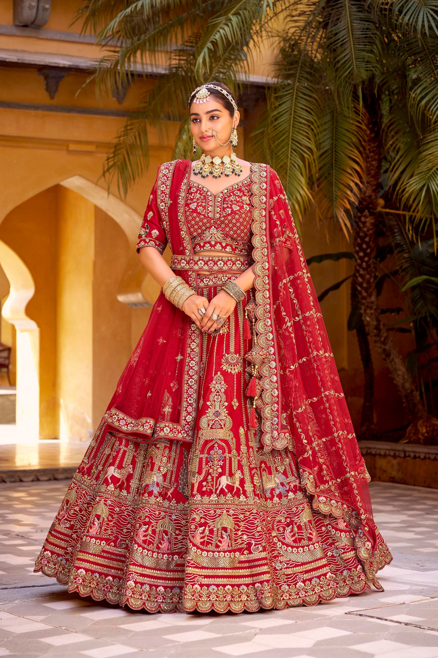 Red Heavy Zarkan Diamond & Mirror Hand Embroidery Silk Bridal Lehenga
