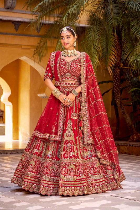 Red Heavy Zarkan Diamond & Mirror Hand Embroidery Silk Bridal Lehenga