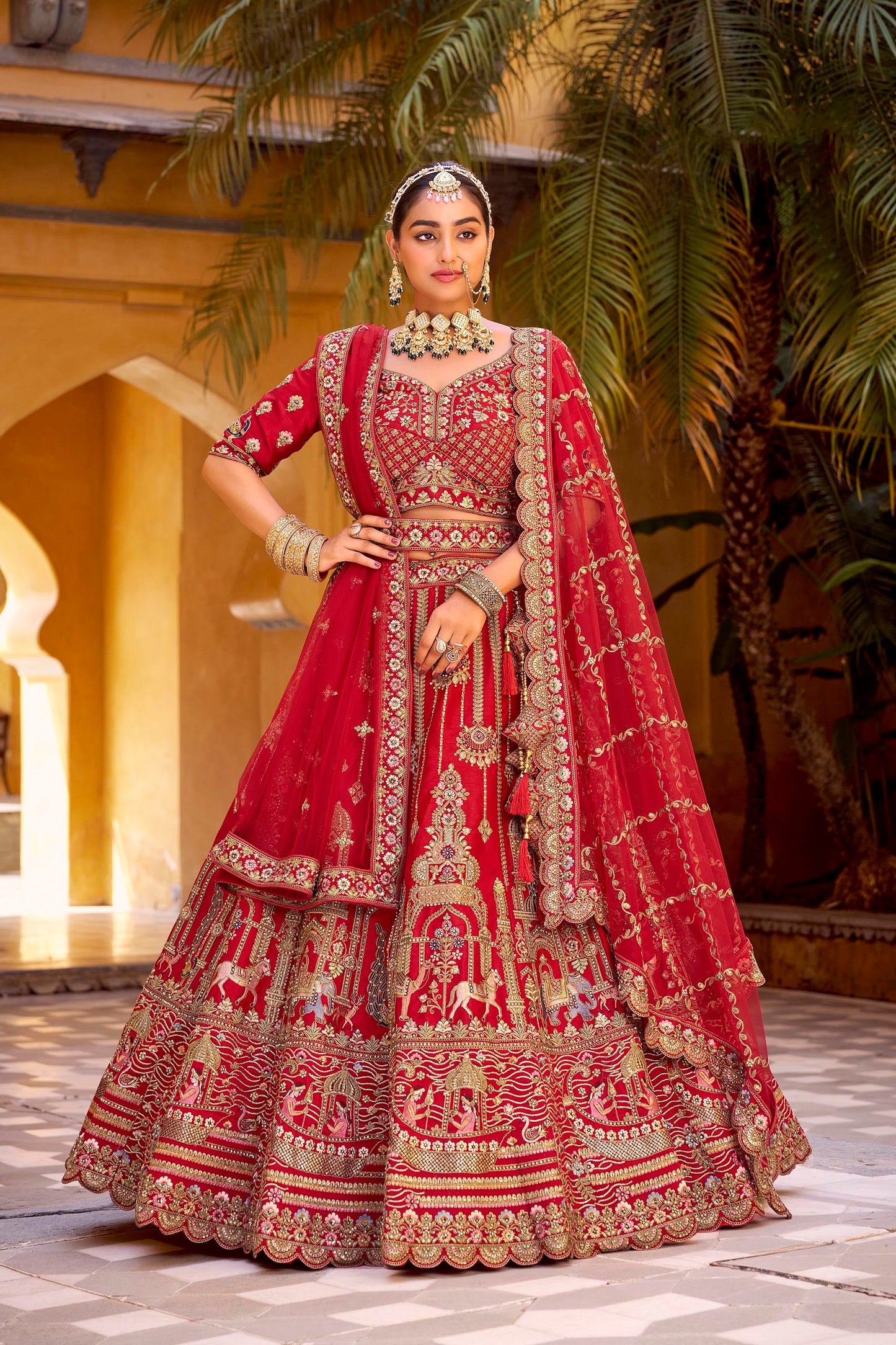 Red Heavy Zarkan Diamond & Mirror Hand Embroidery Silk Bridal Lehenga