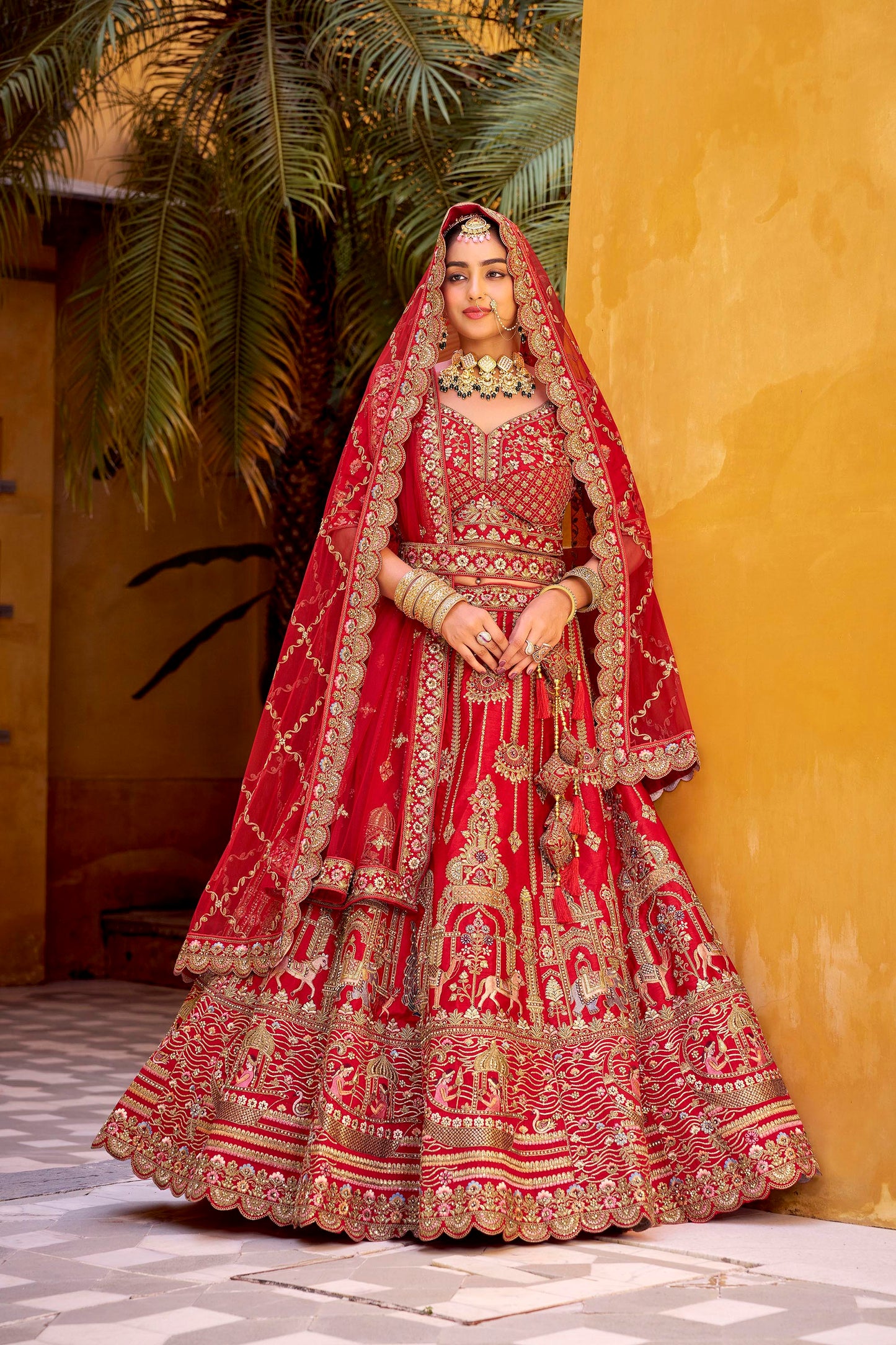 Red Heavy Zarkan Diamond & Mirror Hand Embroidery Silk Bridal Lehenga