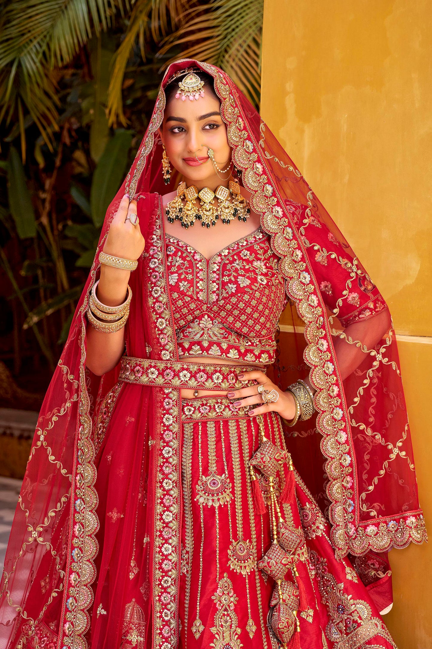 Red Heavy Zarkan Diamond & Mirror Hand Embroidery Silk Bridal Lehenga