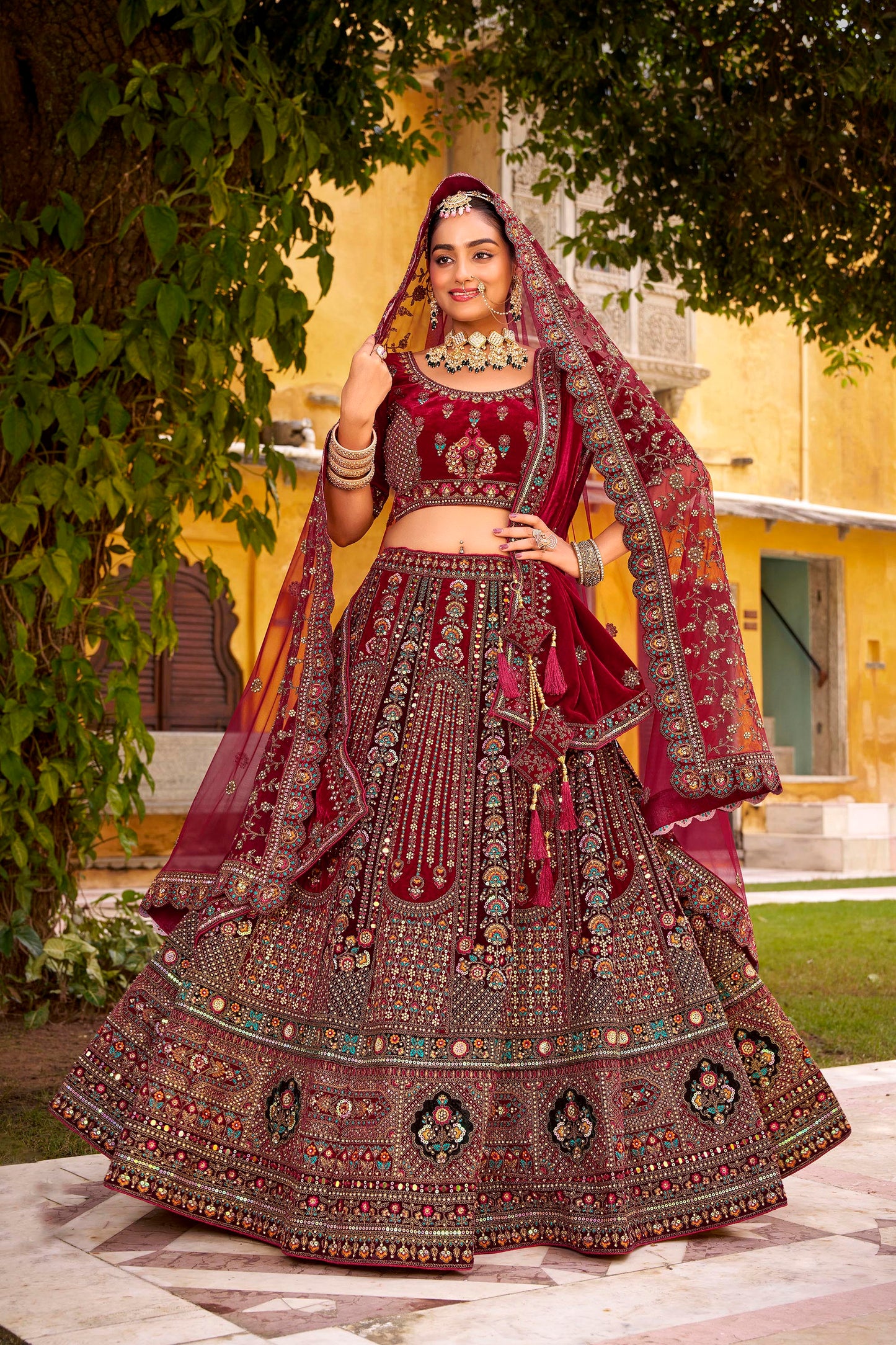 Maroon Heavy Zarkan Diamond & Mirror Hand Embroidery Velvet Bridal Lehenga