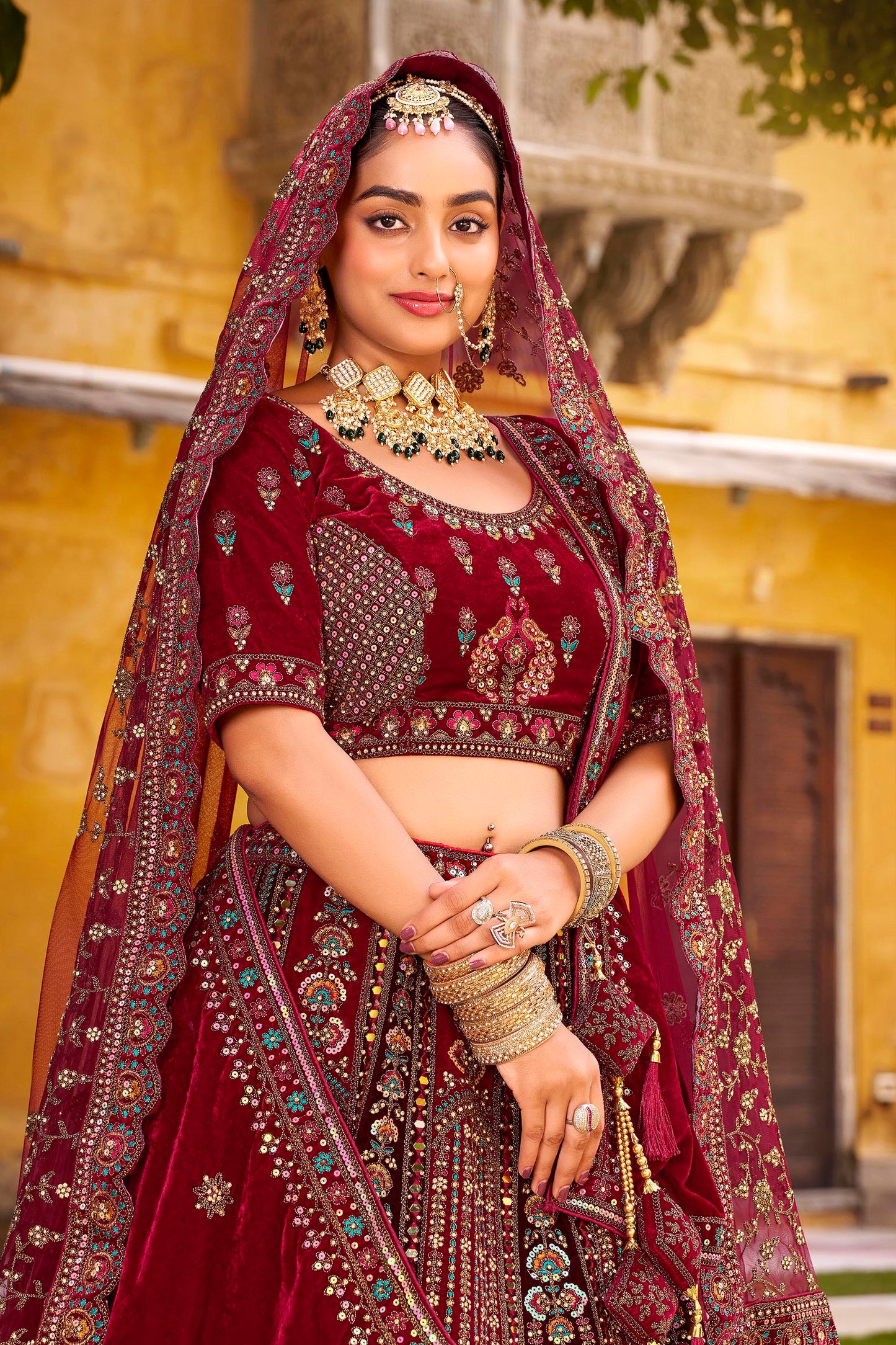 Maroon Heavy Zarkan Diamond & Mirror Hand Embroidery Velvet Bridal Lehenga